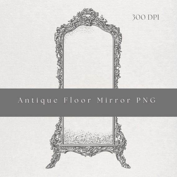 Antique Floor Mirror Clipart PNG | Fine Line Baroque Illustration | Transparent Background | Digital Download Châteaucore Decor Art