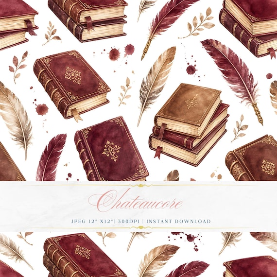 Dark Academia Seamless Pattern, Watercolor Leather Books Digital Paper, Library Tile