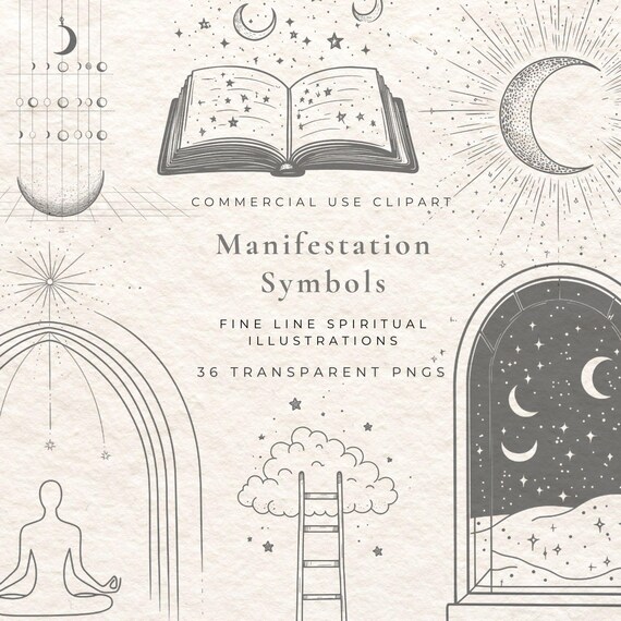 Manifestation Symbols Clipart | Fine Line Spiritual Clip Art | Law of Attraction Illustrations for Planners & Journals PNG