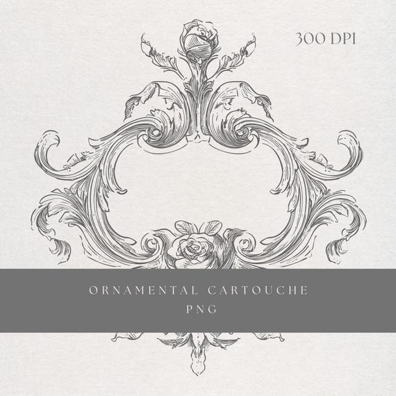 Cartouche Clipart PNG | Fine Line Baroque Ornamental Frame | Transparent Background | Digital Download Heraldic Scrollwork Art