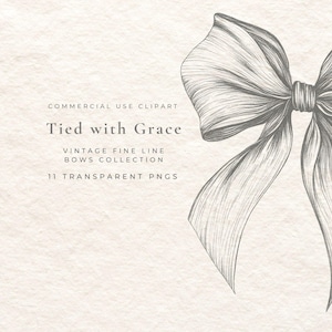 Pode incluir: Um esboço a lápis detalhado de um grande laço com fitas esvoaçantes. A imagem faz parte de uma coleção intitulada "Tied with Grace", com laços vintage de linha fina. O texto "Commercial Use Clipart" também é visível.