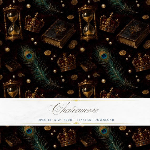 Dark Vanitas Crown Seamless Pattern JPEG Oil Painting Peacock Hourglass Chateaucore Download
