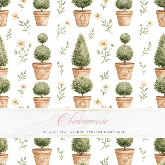 Topiary Pot Watercolor Seamless Pattern, French Garden Digital Paper, Botanical Tile