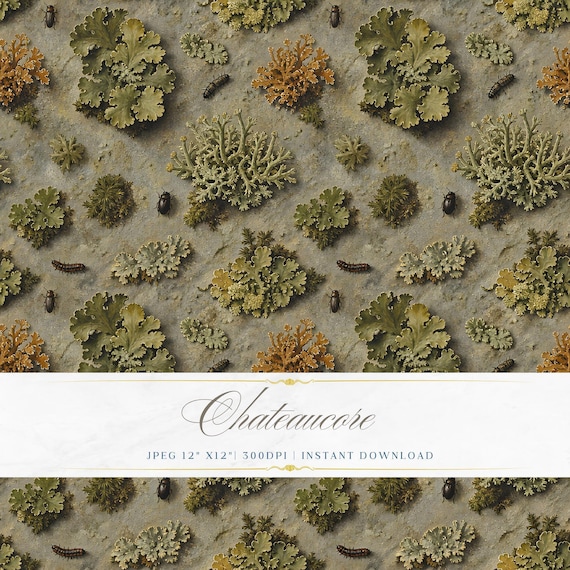 Antique Lichen Moss Seamless Pattern, Dark Botanical Digital Paper, Naturalist Tile