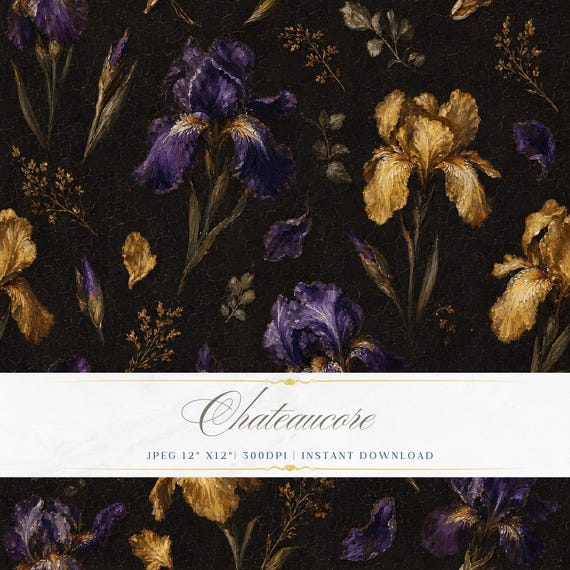 Dark Iris Floral Seamless Pattern, Baroque Purple Digital Paper, Antique Botanical Tile