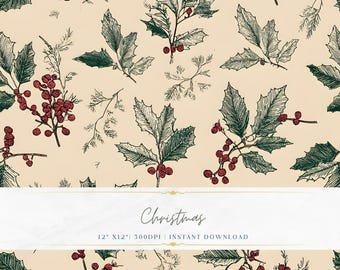 Seamless Christmas Digital Paper, Vintage Fine Line Pattern PNG, Elegant Holiday Background