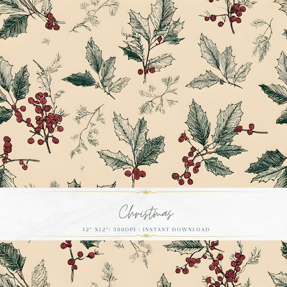 Seamless Christmas Digital Paper, Vintage Fine Line Pattern PNG, Elegant Holiday Background