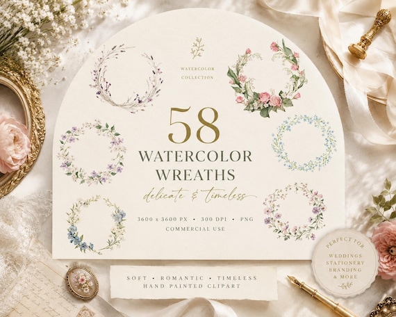 58 Watercolor Floral Wreath Clipart Bundle, Bridal Flower Wreath PNG, Romantic Wedding Wreaths, Pastel Botanical Frames, Watercolor Flowers