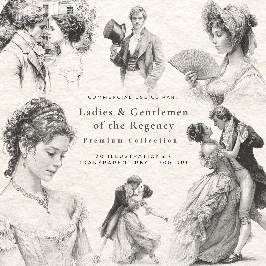 Regency Era Couple Clipart | 30 Hand-drawn Illustrations (PNG Digital ...