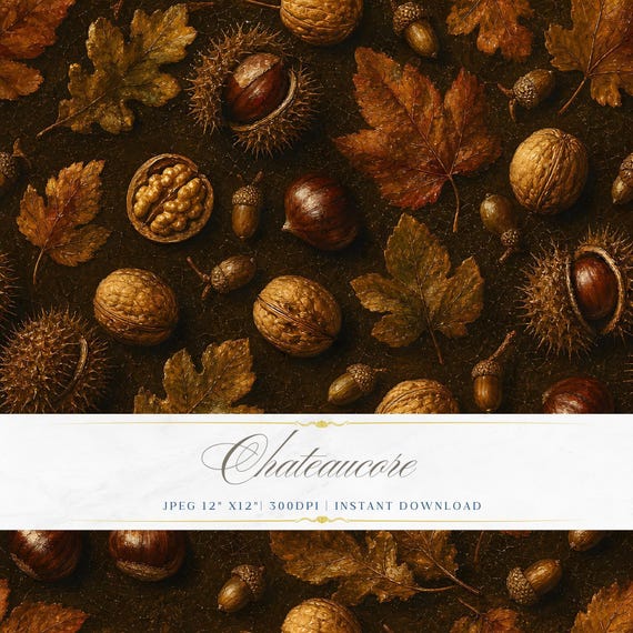 Antique Autumn Nut Chestnut Seamless Pattern, Dark Harvest Digital Paper, Baroque Foliage Tile