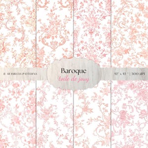 May include: Eight seamless patterns with a Baroque toile de jouy design. The patterns feature floral and scrollwork in shades of pink and peach on a white background. The image includes the text "Baroque toile de jouy" and "8 seamless patterns".