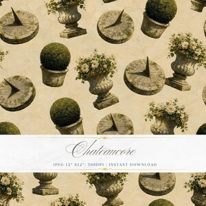 May include: A seamless pattern featuring sundials, topiary, and ornate urns filled with flowers. The design has a vintage aesthetic with a beige background. The text "Chateaucore" is displayed on a banner. The image is labeled as a 12" x 12" JPEG.