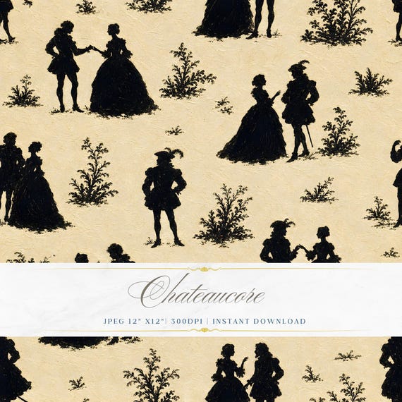 Silhouette Toile Seamless Pattern, Regency Figure Digital Paper, Antique Toile Tile