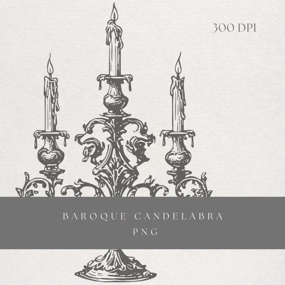 Candelabra Clipart PNG | Fine Line Baroque Illustration | Transparent Background | Digital Download Gothic Candlestick Art