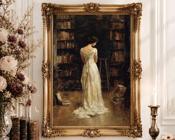 Victorian Library Woman Wall Art | White Lace Gown Bookshelf Oil Painting | Dark Academia Feminine Decor Digital Download