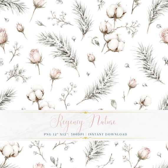 Winter Watercolor Wallpaper PNG Romantic Regency Seamless Digital Paper Pattern