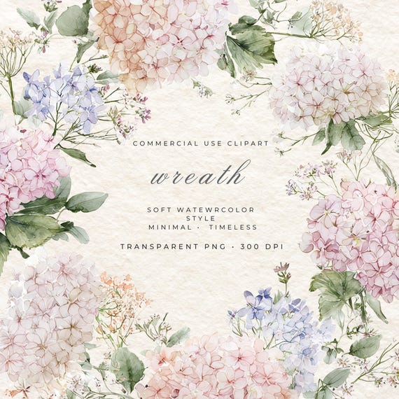 Hydrangea Floral Wreath PNG, Watercolor Flower Frame Clipart, Pastel Botanical Circle, Wedding Logo Frame, Baby Shower Invitation Design