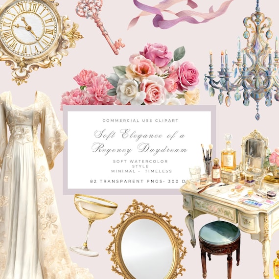 82 Romantic Watercolor Clipart Bundle, Soft Girl PNG, Regency Era Aesthetic, Coquette Style, Tea Party Clipart, Feminine Pastel Graphics