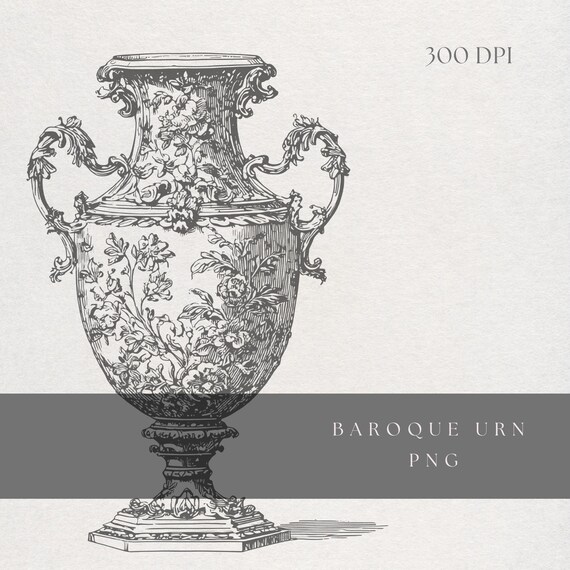 Ornate Urn Clipart PNG | Fine Line Baroque Vase | Transparent Background | Digital Download Antique Vessel Illustration Art