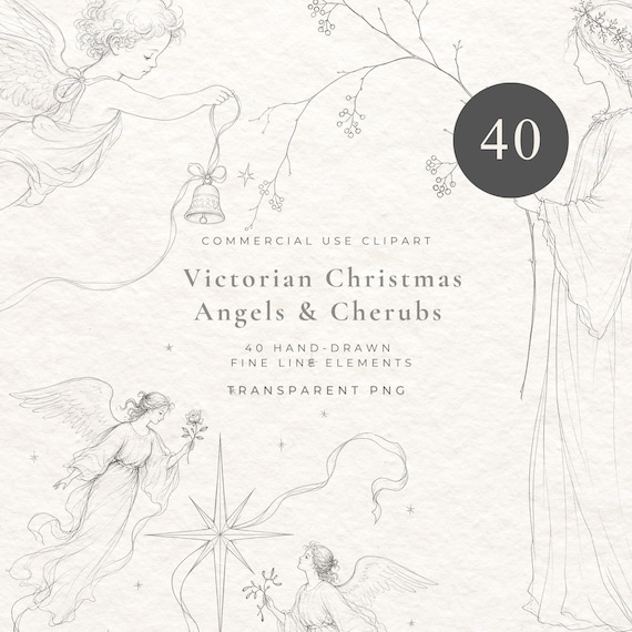 Victorian Christmas Angel Clipart PNG, Vintage Cherubs, Fine Line Celestial Illustrations, Botanical Holiday Graphics, Antique Ephemera