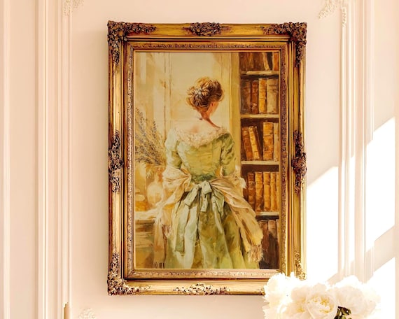Sage Green Regency Library Wall Art | Bow Gown Bookshelves Oil Painting | Romantic Feminine Decor Digital Download