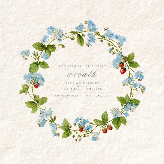 Forget Me Not Watercolor Wreath PNG Clipart, Wildflower Floral Transparent Background, Digital Download Boho Art, Commercial Use