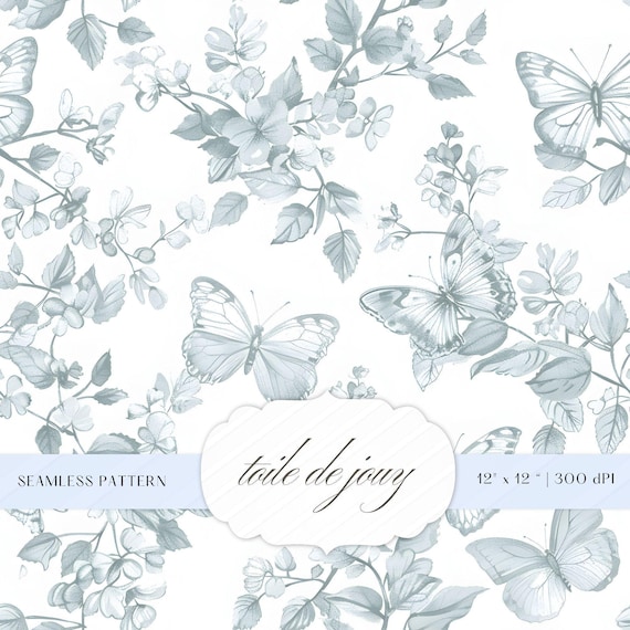Butterfly Toile de Jouy Pattern | Elegant Chinoiserie Design (JPEG Instant Download)