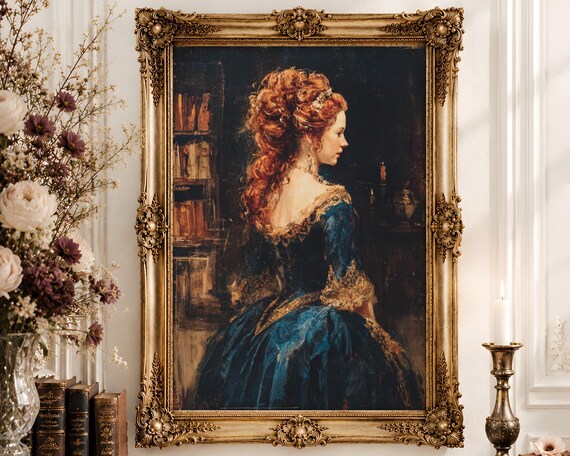 Baroque Noblewoman Portrait Wall Art | Redhead Lady Blue Gown Oil Painting | Dark Library Feminine Decor Digital Download