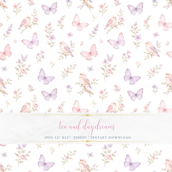 Pastel Tea Party Pattern, Seamless Floral Digital Paper, Butterflies and Birds Theme, Feminine Vintage Design