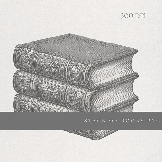 Book Stack Clipart PNG | Fine Line Antique Leather Books | Transparent Background | Digital Download Vintage Library Art