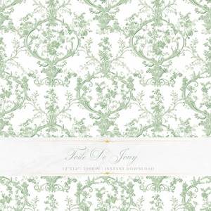 May include: A digital pattern featuring a repeating sage green toile de jouy floral motif on a white background. A central horizontal banner displays the text Toile De Jouy, 12"x12", 300DPI, and INSTANT DOWNLOAD in a script and sans-serif font.