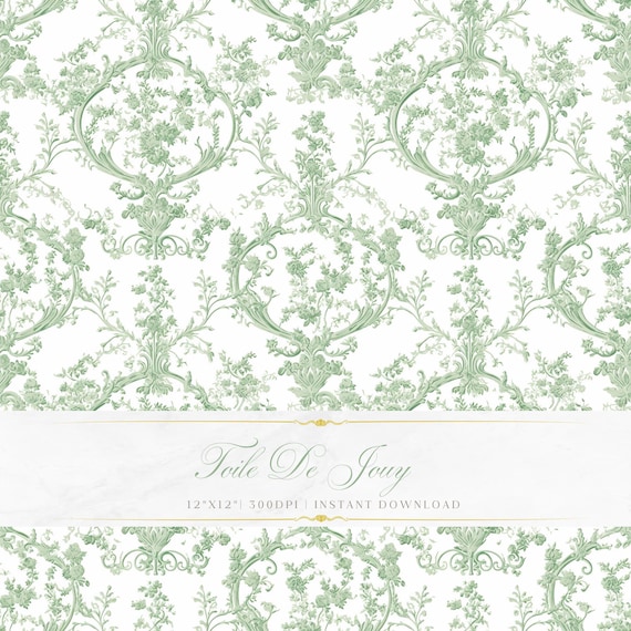 Sage Green Toile De Jouy Pattern | Floral Baroque Art (Digital Download)