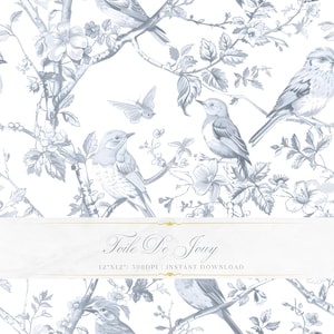 Puede incluir: Un patrón digital con un diseño Toile De Jouy en azul claro y blanco con pájaros, mariposas y ramas florales. Una banda horizontal central muestra el texto Toile De Jouy, 12"X12", 300DPI, INSTANT DOWNLOAD.