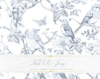 Chinoiserie Birds Toile De jouy | Hand Drawn Style | Seamless Pattern | Instant Download | JPEG | High Quality | POD | Scrapbooking