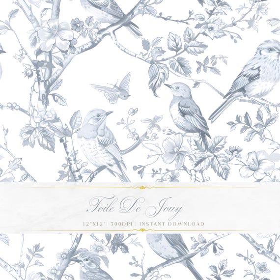 Chinoiserie Birds Toile De jouy | Hand Drawn Style | Seamless Pattern | Instant Download | JPEG | High Quality | POD | Scrapbooking