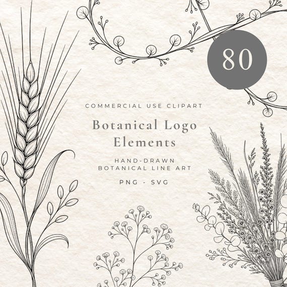 80 Botanical Logo Elements SVG Bundle, Fine Line Botanical, Branding Kit, Floral Logo Set, Wedding Monogram Frames, Minimalist Vector PNG