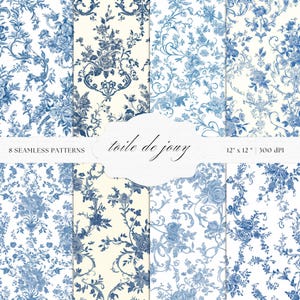 Pacchetto di modelli senza cuciture Toile De Jouy - 8 PNG ad alta risoluzione per carta da parati in stile barocco e scrapbooking