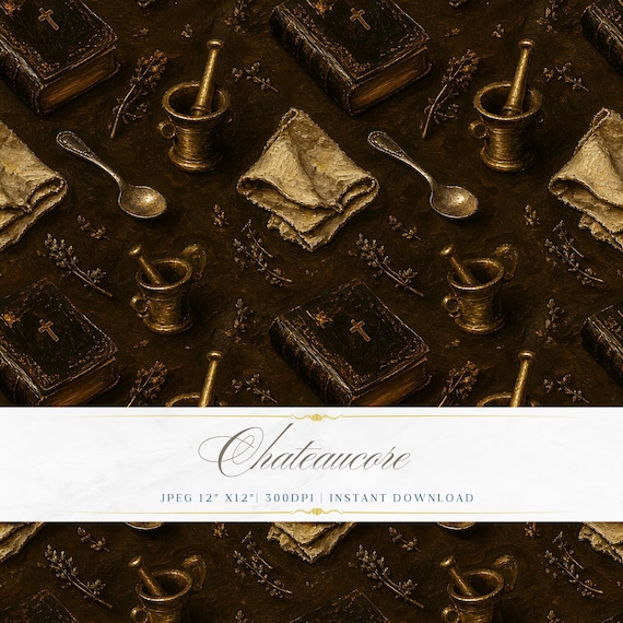 Dark Apothecary Seamless Pattern JPEG Oil Painting Mortar Pestle Chateaucore Witchy Download