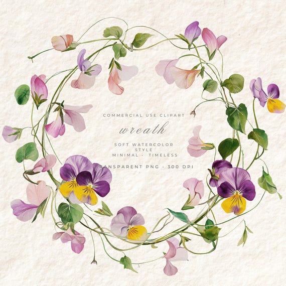 Sweet Pea Wreath PNG Clipart, Wildflower Transparent Background Art, Digital Download Commercial Use, Colorful Floral Stationery