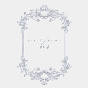 Może przedstawiać: Dekoracyjna, ozdobna rama w kolorze srebrnym z herbem u góry i na dole. Rama jest pusta i ma białe tło.