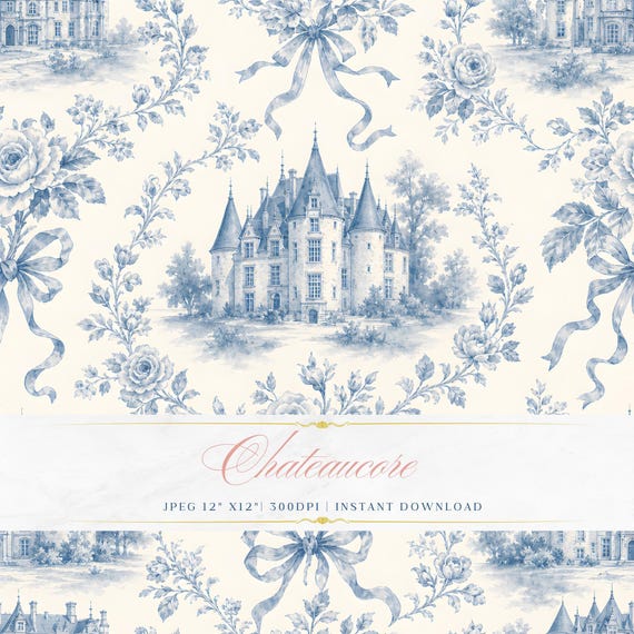 Toile de Jouy Watercolor Pattern, Blue Château Digital Paper, French Castle Seamless Tile