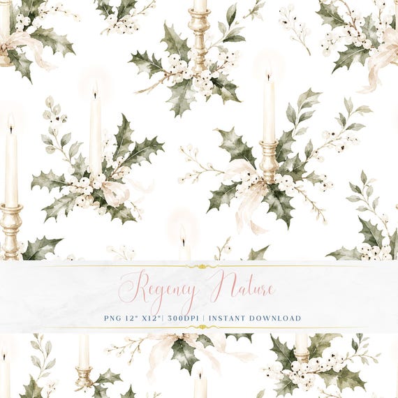Soft Watercolor Vintage Christmas Wallpaper PNG Romantic Seamless Pattern Printable Digital Paper