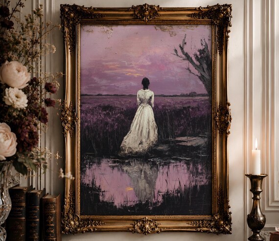 Moorland Pool Woman Wall Art | White Gown Purple Sky Oil Painting | Gothic Romantic Landscape Decor Digital Download