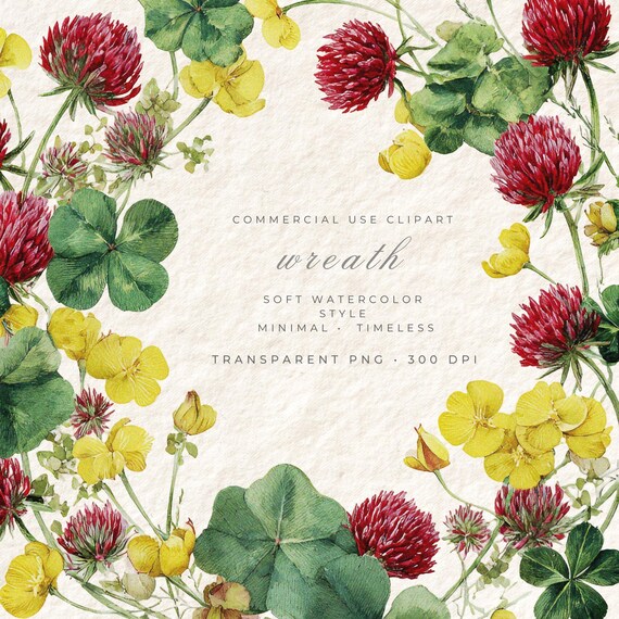 Red Clover Wreath PNG Clipart, Wildflower Transparent Background Art, Digital Download Commercial Use, Boho Floral Stationery