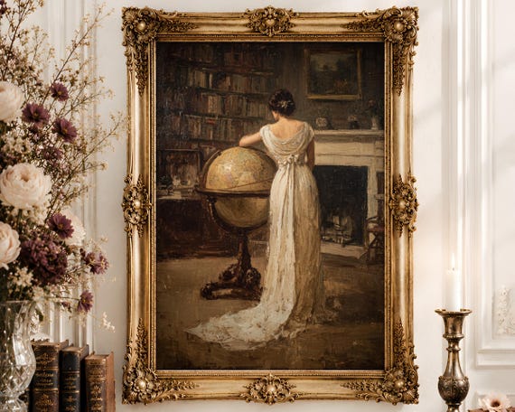 Regency Woman Globe Wall Art | White Silk Gown Library Oil Painting Print | Dark Romantic Feminine Decor Digital Download