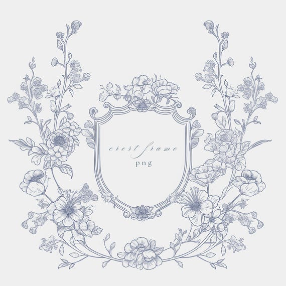 Floral Wedding Crest Frame PNG | Fine Line Art (Digital Download)