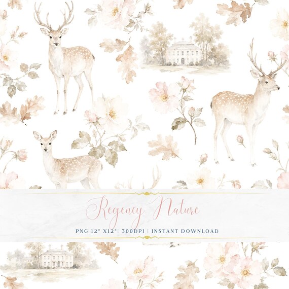 Vintage Nature Seamless PNG Romantic Deer and Botanical Wallpaper Printable Scrapbook Pattern