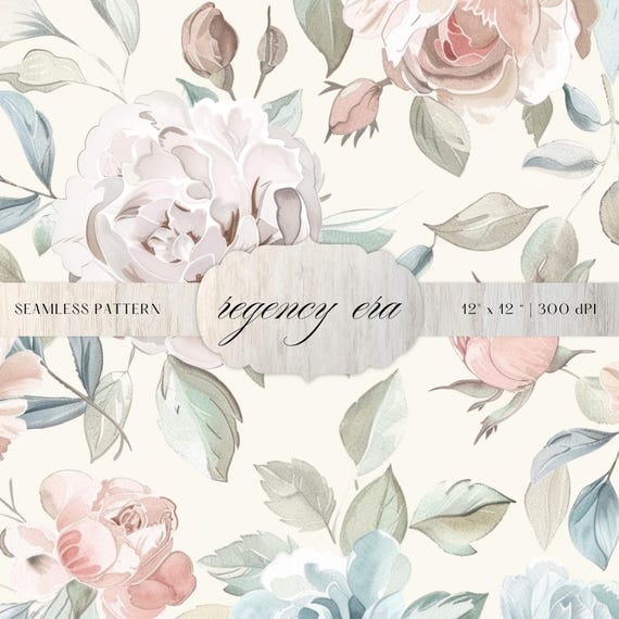Regency Floral Seamless Pattern, Pastel Vintage Roses Digital Paper, Romantic Cottagecore Watercolor Floral Background JPEG