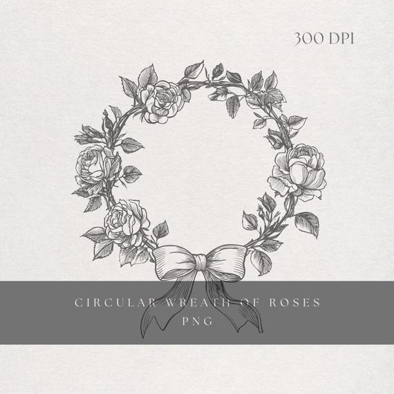 Rose Wreath Clipart PNG | Fine Line Circular Floral Frame | Transparent Background | Digital Download Romantic Wedding Wreath Art