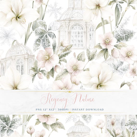 Botanical Watercolor Wallpaper PNG Romantic Regency Seamless Digital Paper Pattern